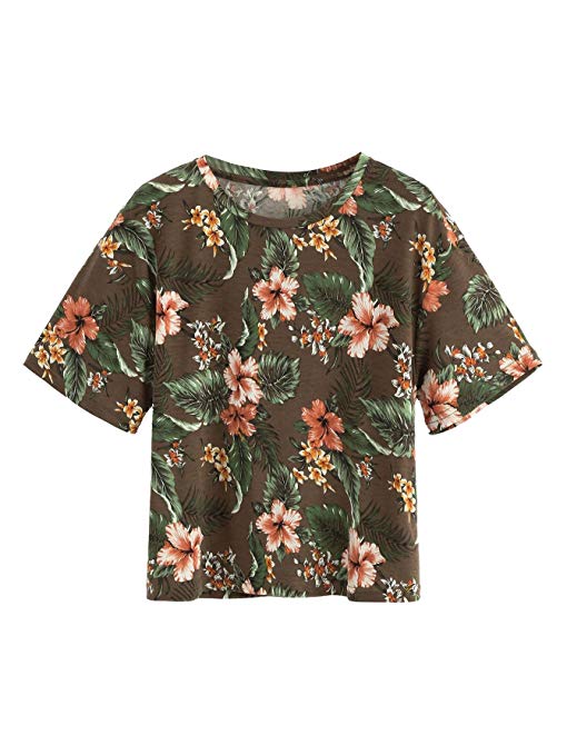 Romwe Women's Foliage Print Drop Shoulder Crew Neck T-Shirt Tee Top