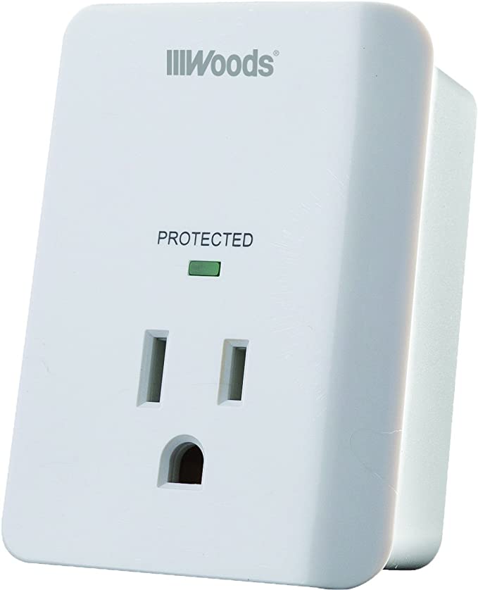 Woods 41008 Surge Protector One 3-Prong Power Outlet LED Indicator Light and Alarm, 1080J of Protection, White