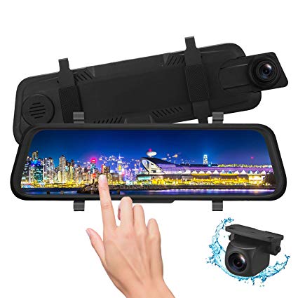 Leekooluu 10" Mirror Dash Camera for Car, Backup Camera 1080P Dual Dash Cam Front and Rear Stream Media Touch Screen DVR with G-Sensor,Loop Recording,Parking Monitor