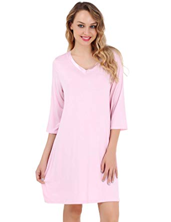 UUANG Women’s Nightgown V Neck Sleepwear 3/4 Sleeves Sleep Dress Nightshirt