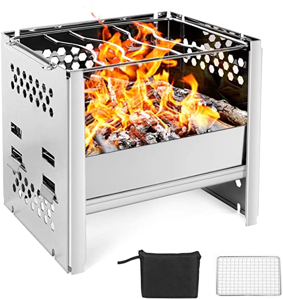 Odoland Camping Stove with Grill Gate and Storage Bag, Portable Foldable Stainless Steel Wood Burning Stove for Camping, Hiking, Backpack, Picnic and BBQ