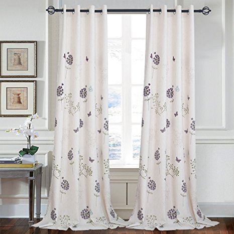 Off White Curtains Blackout Drapes - KoTing 1 Panel Purple Flower Dandelion Butterfly Short Curtains Linen Bedroom Drapes 42W by 63L Inch