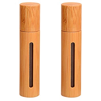 2 Pcs 10ml Bamboo Roller Bottles Empty Refillable Essential Oil Roll-on Bottle Cosmetic Storage Vial Container with Stainless Steel Roller Ball and Window for Essential Oil