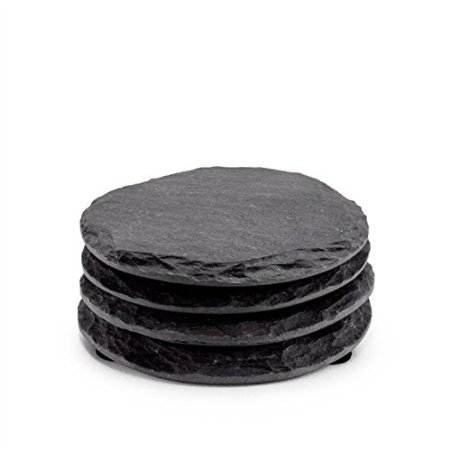 Round Slate Coasters by EMEMO® - Set of 4 Unique, Handmade Coasters For Drinks, Beverages, Wine Glasses - Elegant Look & Unmatched Furniture Protection - Made Of Genuine Black Slate