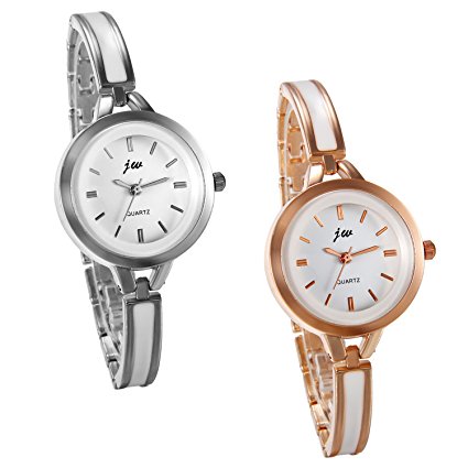 JewelryWe Lot of 2 Luxury Women Bracelet Watches Casual Dress Watch Wristwatch for Ladies, Silver Rose Gold