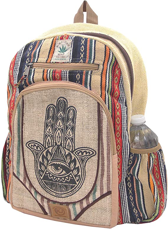 KayJayStyles Natural Handmade Large Multi Pocket Hemp Nepal Backpack (Hamsa Hand)