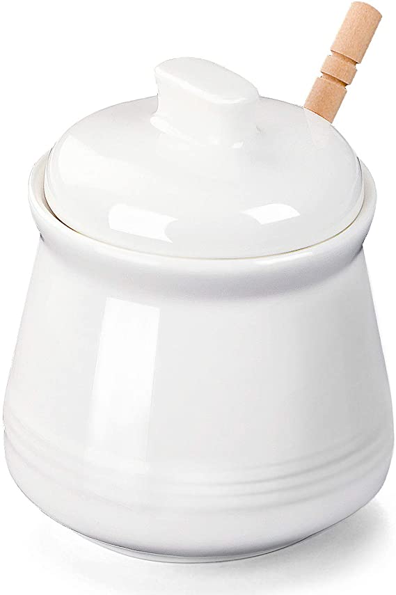 LEETOYI Porcelain Honey Jar with Lid and Honey Stick,Ceramic Honey Pot,12oz (White)
