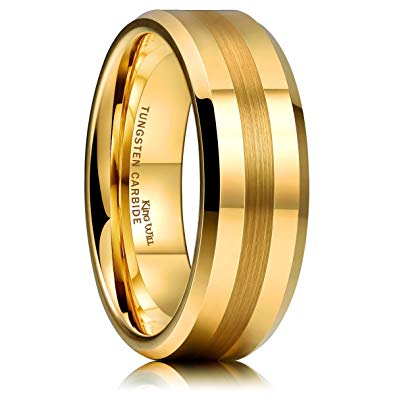 King Will GLORY Womens Mens 8mm Matte Brushed Center Tungsten Carbide Ring 18K Yellow Gold Polished Wedding Band Comfort Fit