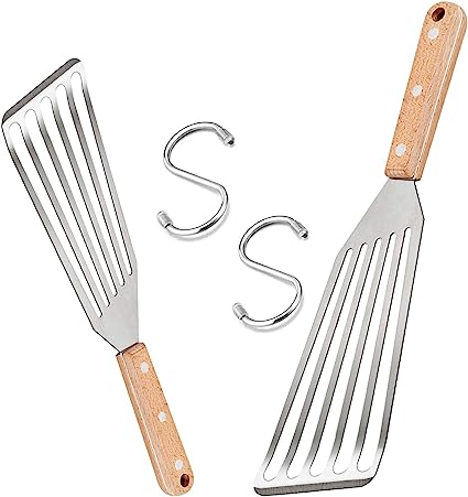 Fish Spatula Set of 2, HaSteeL Stainless Steel Slotted Spatula Turner with Riveted Wooden Handle, Professional Metal Spatulas Great for Kitchen Cooking Flipping Frying & Grilling, 2 x Hooks