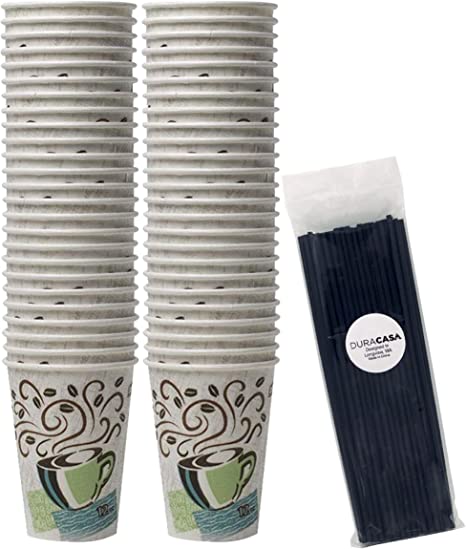 DuraCasa Dixie PerfecTouch Insulated Paper Hot Cup 50 Count, 12 Oz Coffee Cups Drinking/Stirring Straws Bundle Pack (12 Oz, 50 Cups, 50 Straws)