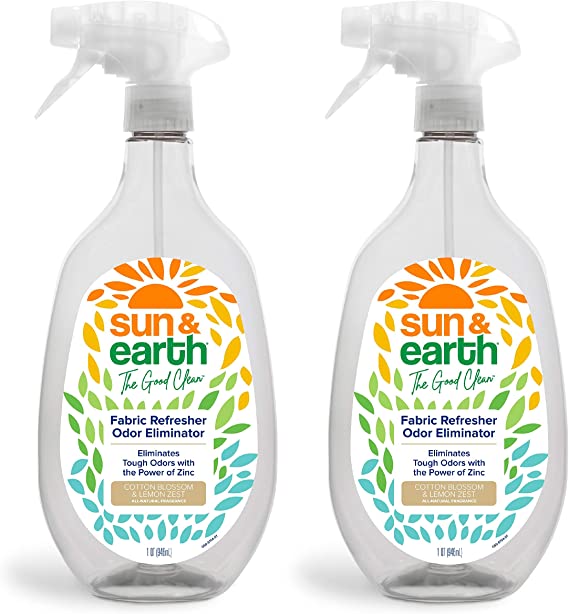 Odor Eliminator & Fabric Refresher Spray with Zinc by Sun & Earth, Cotton Blossom & Lemon Zest All Natural Fragrance, Eliminates Tough Odors Naturally with Zinc, Made in the USA, 32 oz, Pack of 2