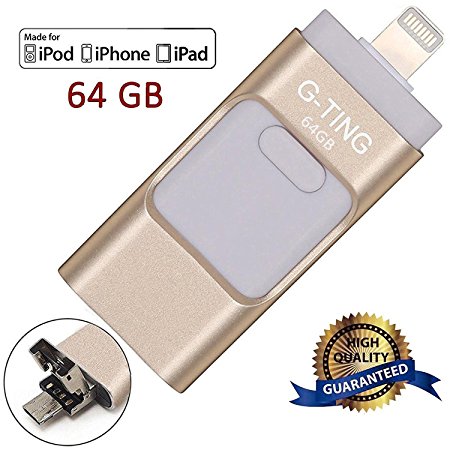 USB Flash Drives for iPhone 64 GB Pen-Drive Memory Storage, G-TING Jump Drive Lightning Memory Stick External Storage, Memory Expansion for Apple IOS Android Computers（Gold）