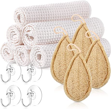 14 Piece Bamboo Organic Cotton Unpaper Towels Set, 6 Reusable Paper Towel Dish Cloths Cleaning Washcloth Unpaper Dish Rag 4 Natural Loofah Sponges 4 Suction Cup Wall Hooks Hangers for Kitchen Cleaning