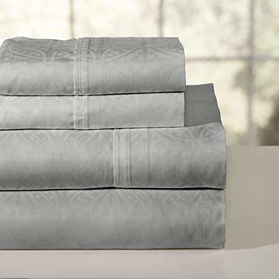 Pointehaven 300 Thread Count Printed Sheet Set, Grey, Queen