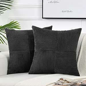 Fancy Homi 2 Packs Black Decorative Throw Pillow Covers 18x18 Inch for Living Room Couch Bed Sofa, Rustic Farmhouse Boho Home Decor, Soft Corss Corduroy Patchwork Textured Square Cushion Case 45x45 cm