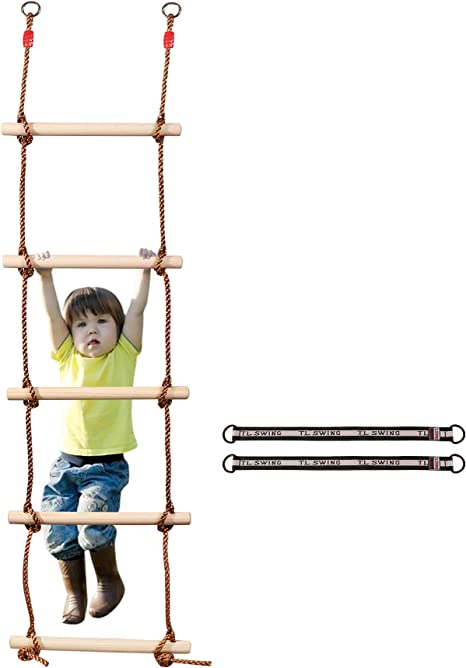 RedSwing Climbing Rope Ladder for Kids, 5.6Ft Wooden Climbing Ladder for Swing Set , Hanging Rope Ladder with 2 Straps for Outdoor PlaySet, Tree House, Playground, Ninja Slackline