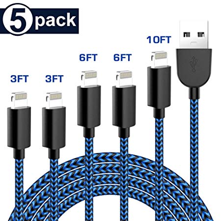 TNSO iPhone Charger, MFi Certified Lightning Cable 5Pack(3/3/6/6/10ft) Extra Long Nylon Braided USB Fast Charging& Syncing Cord Compatible iPhone Xs MAX XR 8 8 Plus 7 7 Plus 6s 6s Plus-Black&Blue