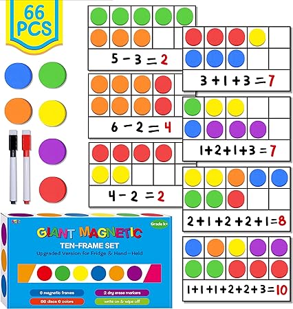 Magnetic Ten-Frame Set,6 Frames(with Blank Writing Space) and 66 Colorful Discs with 2 Markers (Upgraded Version for Fridge & Hand-held)
