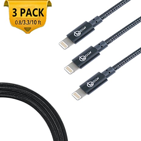 OOLLWW iPhone Cable,3Pcs Nylon Braided iphone Charger to Cable Data Syncing Cord 0.8ft/3.3ft/10ft Compatible with iPhone 7/7 Plus/6/6 Plus/6S/6S Plus,SE/5S/5,iPad,iPod Nano 7 - Black