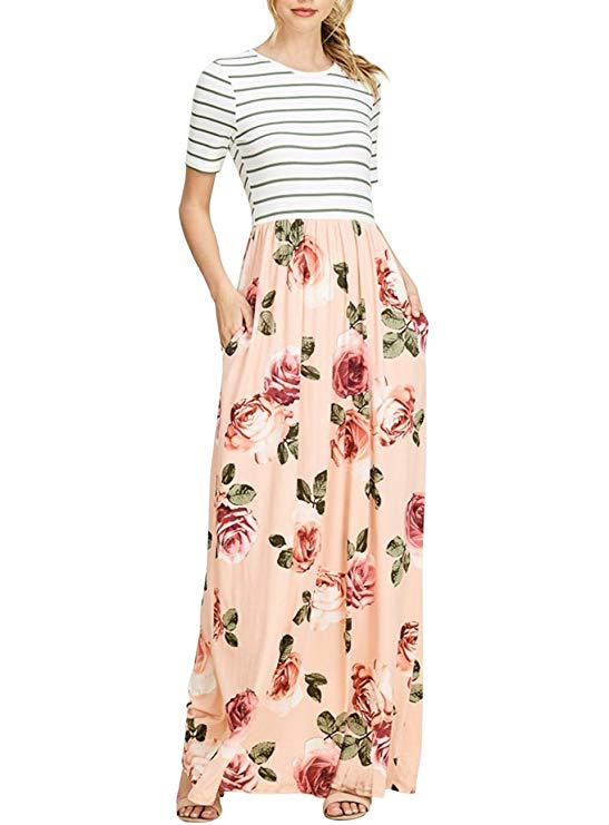 MEROKEETY Womens Striped Short Sleeve Floral Print Summer High Waist Pockets Maxi Dress