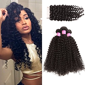 ISEE Hair Virgin Malaysian Deep Curly Jerry Curly Human Hair 3 Bundles With 4x4 Free Part Lace Closure,100% Unprocessed Human Curly Hair Extensions(10"&12"&14" with 8" closure)