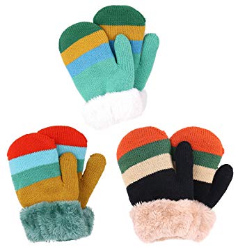 Arctic Paw 3 Pairs Kids' Sherpa Lined Knit Mittens Boys Girls Winter Gloves