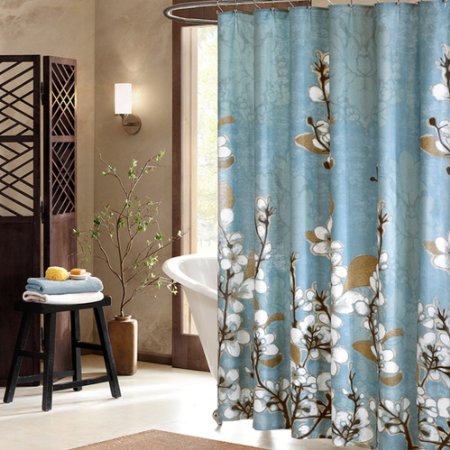 Uphome Beautiful White Cherry Blossom Bathroom Shower Curtain - Blue Waterproof Polyester Fabric Decorative Bath Curtain Designs (72"W x 78"H)