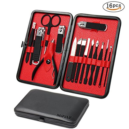 Mens Manicure Set - Mifine 16 In 1 Rubber Plastic Stainless Steel Professional Pedicure Kit Nail Clippers Upgrade Grooming Kit with Black Leather Travel Case Third Generation(Red)