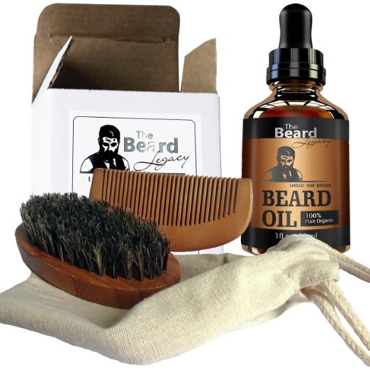 Beard Brush Comb Oil-Handmade Kit Made in USA Beard Care 100 Bamboo Natural Boar Bristle Anti-Static No Snag Unscented Leave-In Conditioner Helps Itchiness Dandruff Jojoba Argan Oil