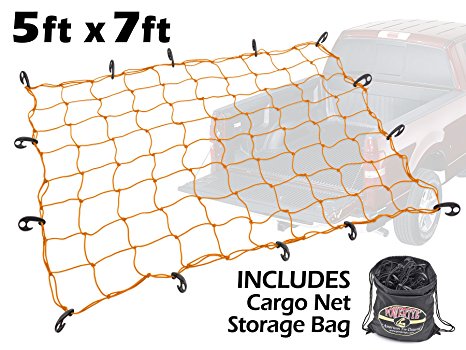 5ft x 7ft PowerTye Mfg Truck & Trailer Large Elastic Cargo Net with 14 Adjustable Hooks, Includes Large Drawstring Net Storage Bag, Orange Net