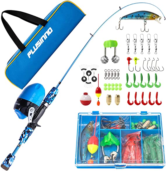 PLUSINNO Kids Fishing Pole with Spincast Reel Telescopic Fishing Rod Combo Full Kits for Boys, Girls, and Adults