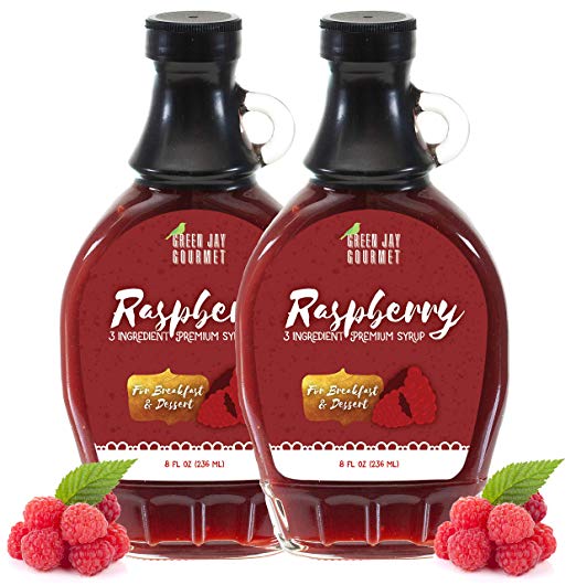 Green Jay Gourmet Raspberry Syrup - 3 Ingredient Premium Breakfast Syrup with Fresh Raspberries, Cane Sugar & Lemon Juice - All-Natural, Non-GMO Pancake Syrup, Waffle Syrup & Dessert Syrup - 16 Ounces