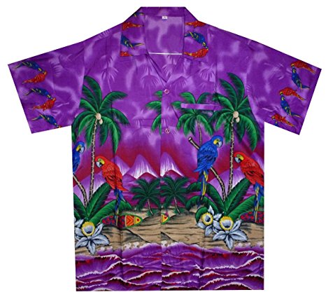 Funky Hawaiian Shirt For Men Short Sleeve Front-Pocket Parrot Palm Purple