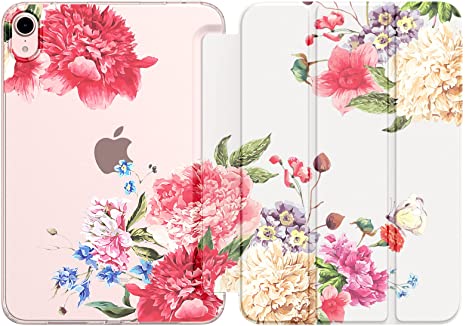 MoKo Case Fit New iPad Mini 6 2021 (6th Generation 8.3 inch), Soft TPU Translucent Frosted Back Cover Slim Smart Shell Stand Folio Case for iPad Mini, Auto Wake/Sleep, Flowers Blossom