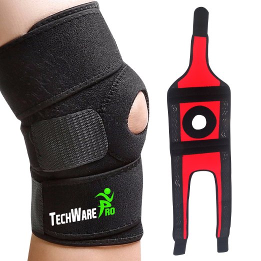 Knee Brace by Tech Ware Pro  Adjustable Bi-Directional Strong Non-Slip Velcro Straps  Open Patella Compression Neoprene  Our Best Knee Support