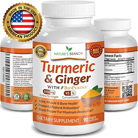 Extra Strength Turmeric Curcumin with Ginger & BioPerine ★ 1950mg Joint Pain Relief Supplement for Inflammation with Black Pepper Powder - Premium Made in USA 100% Vegan Non GMO - 90 Capsules