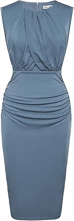 GRACE KARIN Women's Ruched Bodycon Dress Summer Sleeveless Front Drape Patchwork Crew Neck Midi Cocktail Dress