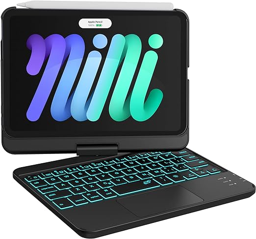 GreenLaw iPad Mini 6 Case with Keyboard, 7 Color Backlit, 360° Rotate, Sensitive Touchpad, Type-C Rechargeable, for iPad Mini 6th Generation 8.3 inch 2021, Black