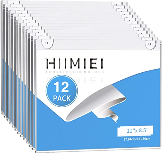 HIIMIEI Acrylic Wall Mount Sign Holder 8.5 x 11 Horizontal 12 Pack, Clear Paper Document Holder, Wall Mount Ad Frame with 3m Tape Adhesives & Screws for Office, Home, Store, Restaurant