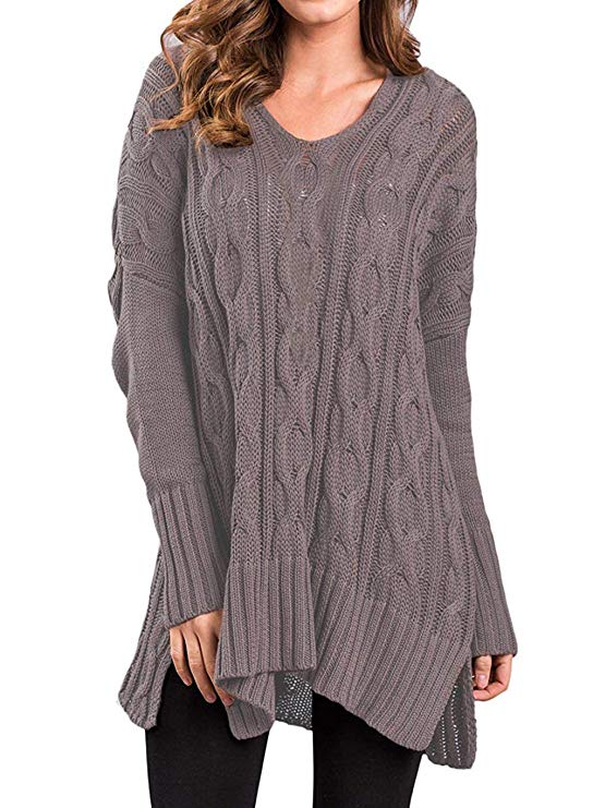 Womens Casual Cable Knit V Neck Side Slit Oversized Solid Pullover Sweater Tops