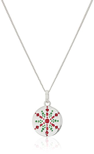 Silver Plated Red and Green Enamel Snowflake Disc Pendant Necklace, 18"