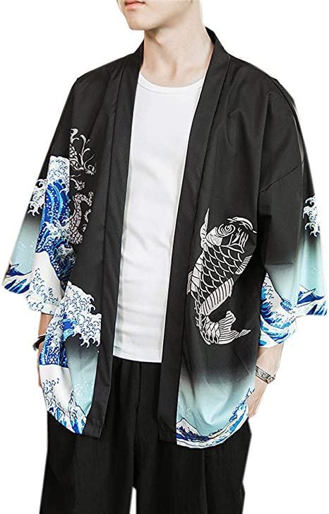 PRIJOUHE Men's Kimono Cardigan Jacket Japanese Style Flying Crane Seven Sleeves Open Front Coat