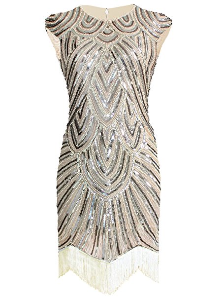 Vijiv Art Deco Great Gatsby Inspired Tassel Beaded 1920s Flapper Dress