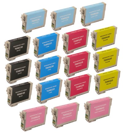 18 Pack Remanufactured Inkjet Cartridges for Epson T098 T099 #98 #99 T098120 T099220 T099320 T099420 T099520 T099620 Compatible With Epson Artisan 700, Artisan 710, Artisan 725, Artisan 730, Artisan 800, Artisan 810, Artisan 835, Artisan 837 (3 Black, 3 Cyan, 3 Magenta, 3 Yellow, 3 Light Cyan, 3 Light Magenta) 18PK by Aria Supplies ®