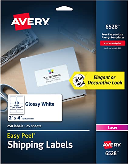 Avery Glossy White Address Labels for Laser Printers, 2" x 4", 250 Labels, (6528)