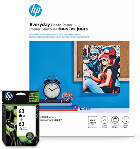 HP 63 Black & Tri-Color Inks   HP Everyday Photo Paper, Glossy, 25 Sheets, 8.5x11