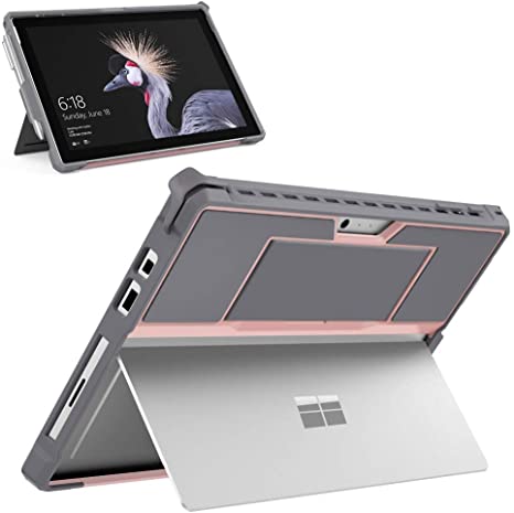 MoKo Case Fit Microsoft Surface Pro 7 / Pro 6 / Pro 5 / Pro 2017 / Pro 4 / Pro LTE, All-In-One Protective Rugged Cover Case with Pen Holder Hand Strap Compatible with Type Cover Keyboard - Pink & Gray