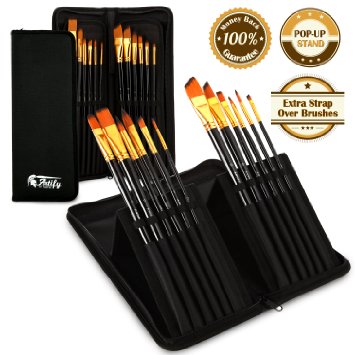 Artify 12 Pc Paint Brush Set Perfect for Acrylic Oil Watercolor Gouache Face Painting Long Handle with Travel Holder Pop Up Stand for Anyone Student Artist Grade Lifetime Warranty Discount