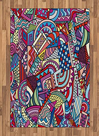 Ambesonne Psychedelic Area Rug, Colorful Funky Art 90's Stained Glass Style Triangle Squares Modern Art Print, Flat Woven Accent Rug for Living Room Bedroom Dining Room, 4 X 5.7 FT, Multicolor