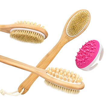 Cinlitek Dry/Wet Brushing Body Brush for Back Scrubber,Body Scrubber - Natural Bristles Shower Brush with Long Handle Wooden -Bath & Shower Brush, Cellulite Massager/Hair Scalp Massager Brush-2 Pack